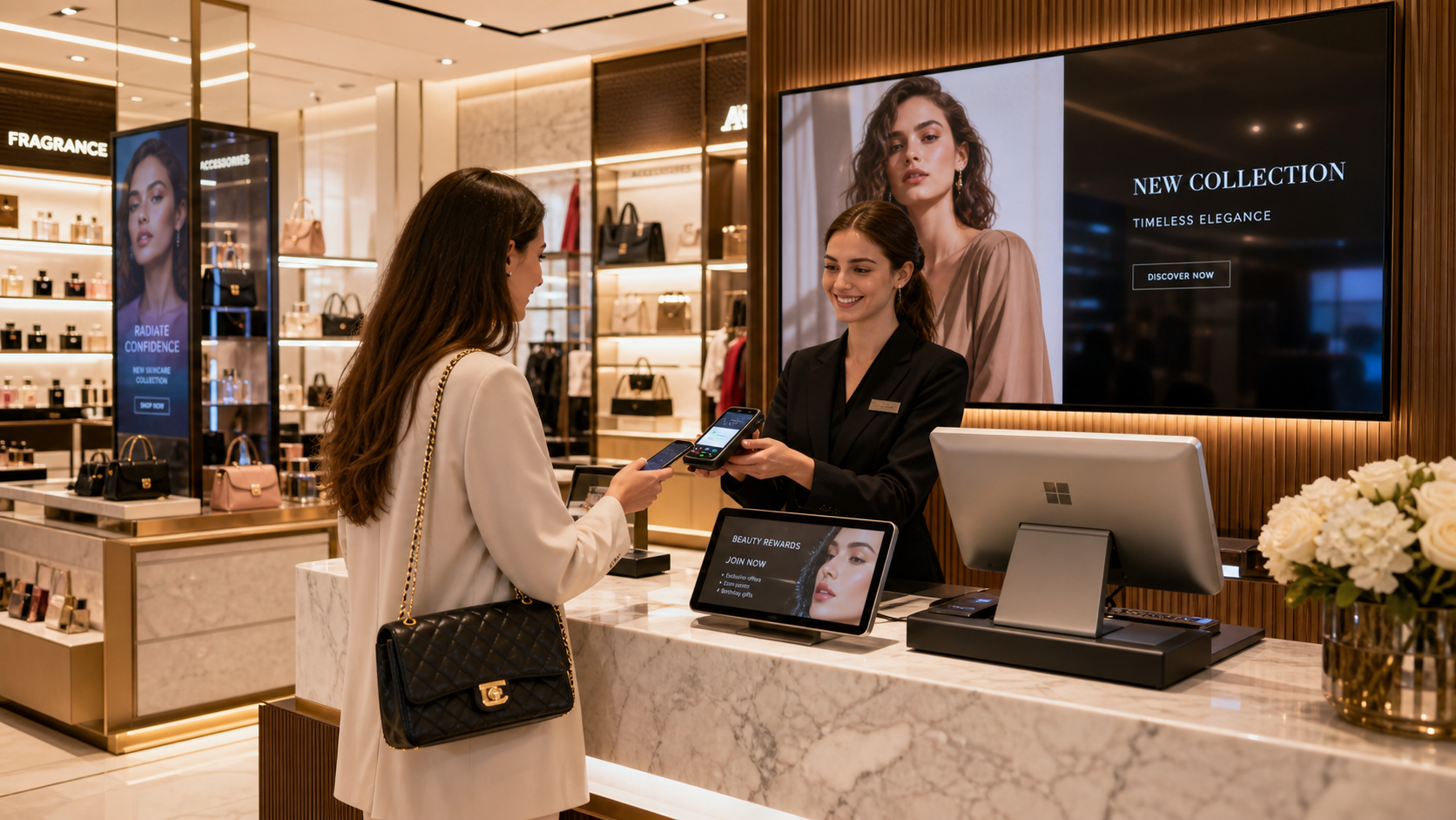 Premium fashion retail POS system and Slim ESL tags on a marble countertop