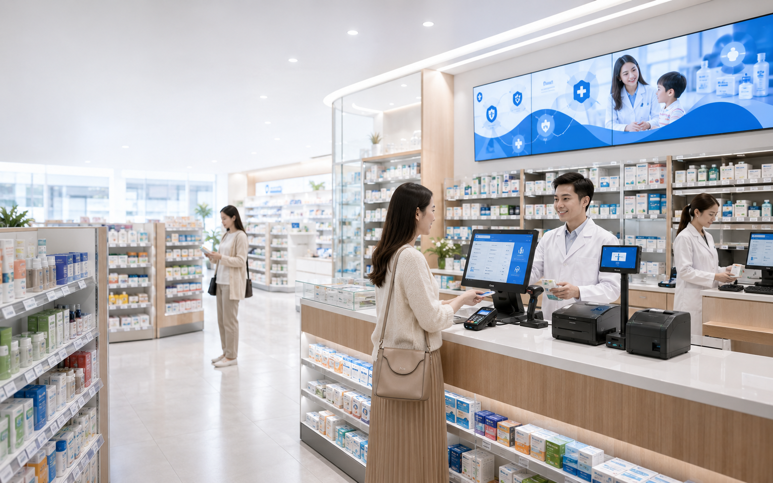 Advanced Pharmacy POS Terminal and 2D Barcode Scanner processing medical labels