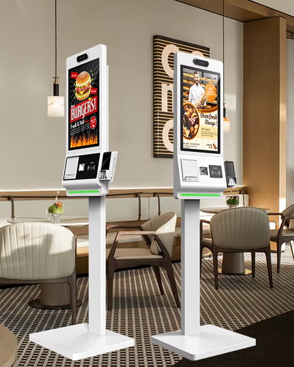 Floor-standing kiosk deployment for hypermarkets and QSR
