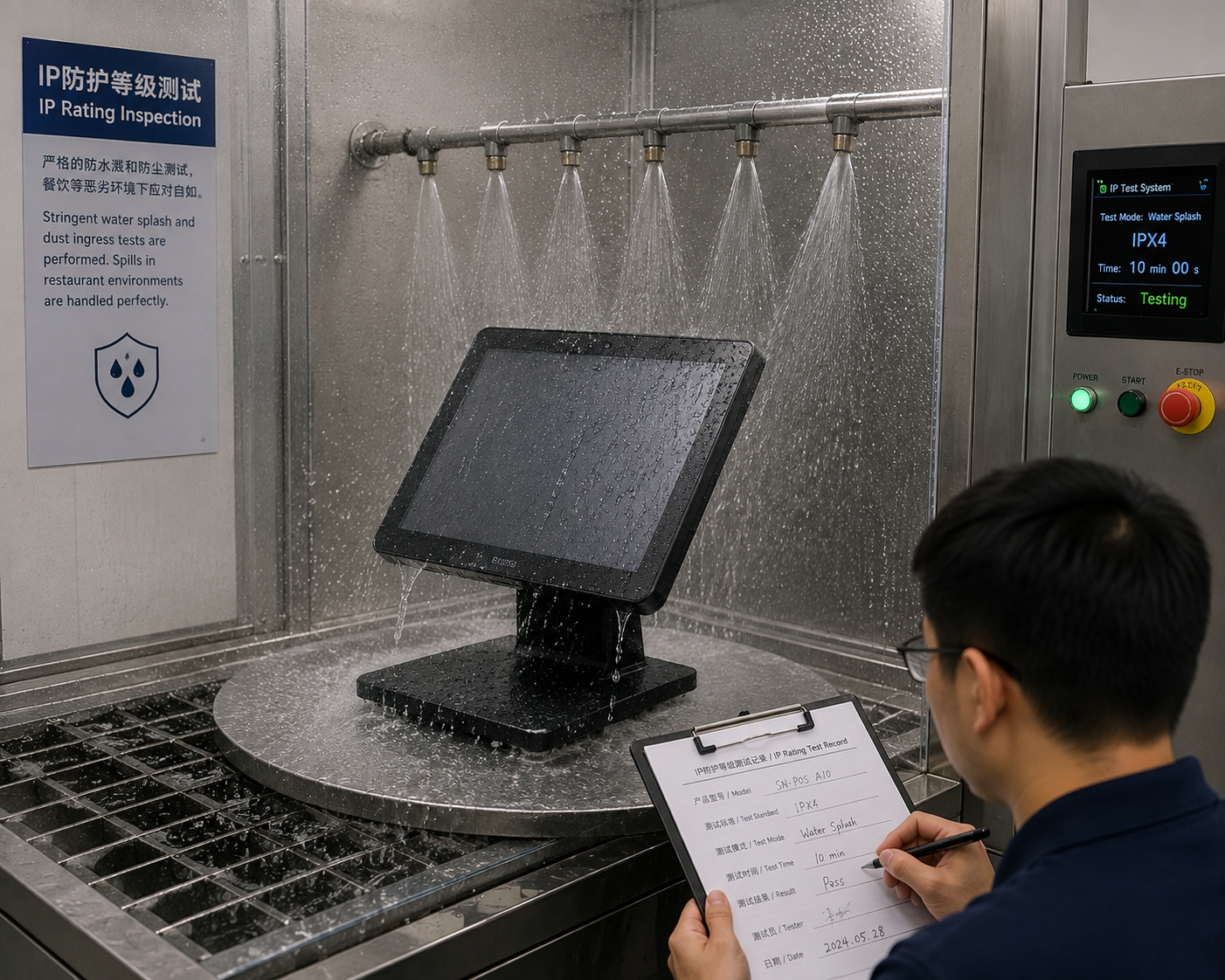IP65 POS terminals undergoing rigorous water and dust resistance testing.