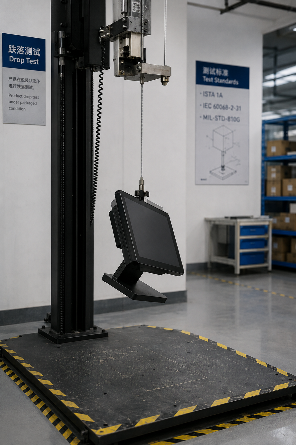 Drop test machine ensuring durability of retail hardware.